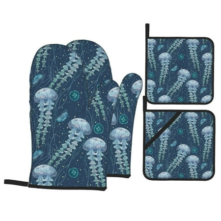 

Oven Mitts and Pot Holders 4 Piece Elegant Jellyfish High Heat Slip Resistant Oven Mitt and Trivets Set Kitchen Oven Glove Pot Holders for Cooking Baking Grilling