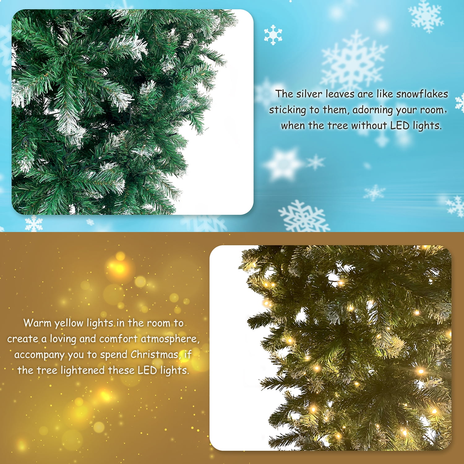 Kadyn Upside Down Green Christmas Tree, Xmas Tree with LED Warm White Lights, Green leaves with part spraying White, Reinforced Metal Base & Easy Assembly 7.4ft X-mas