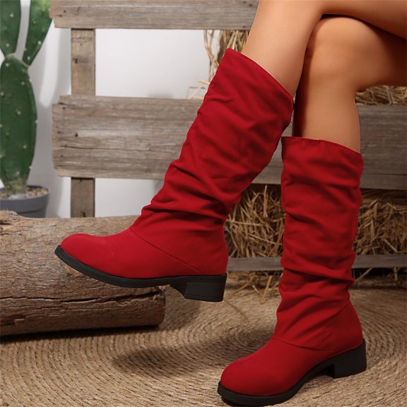 Domuza Women's Large Size Suede Slouch Mid Calf Boots, Round Toe Low Block Heel Pull On Casual Stackable Boots Red 8(EU-40)