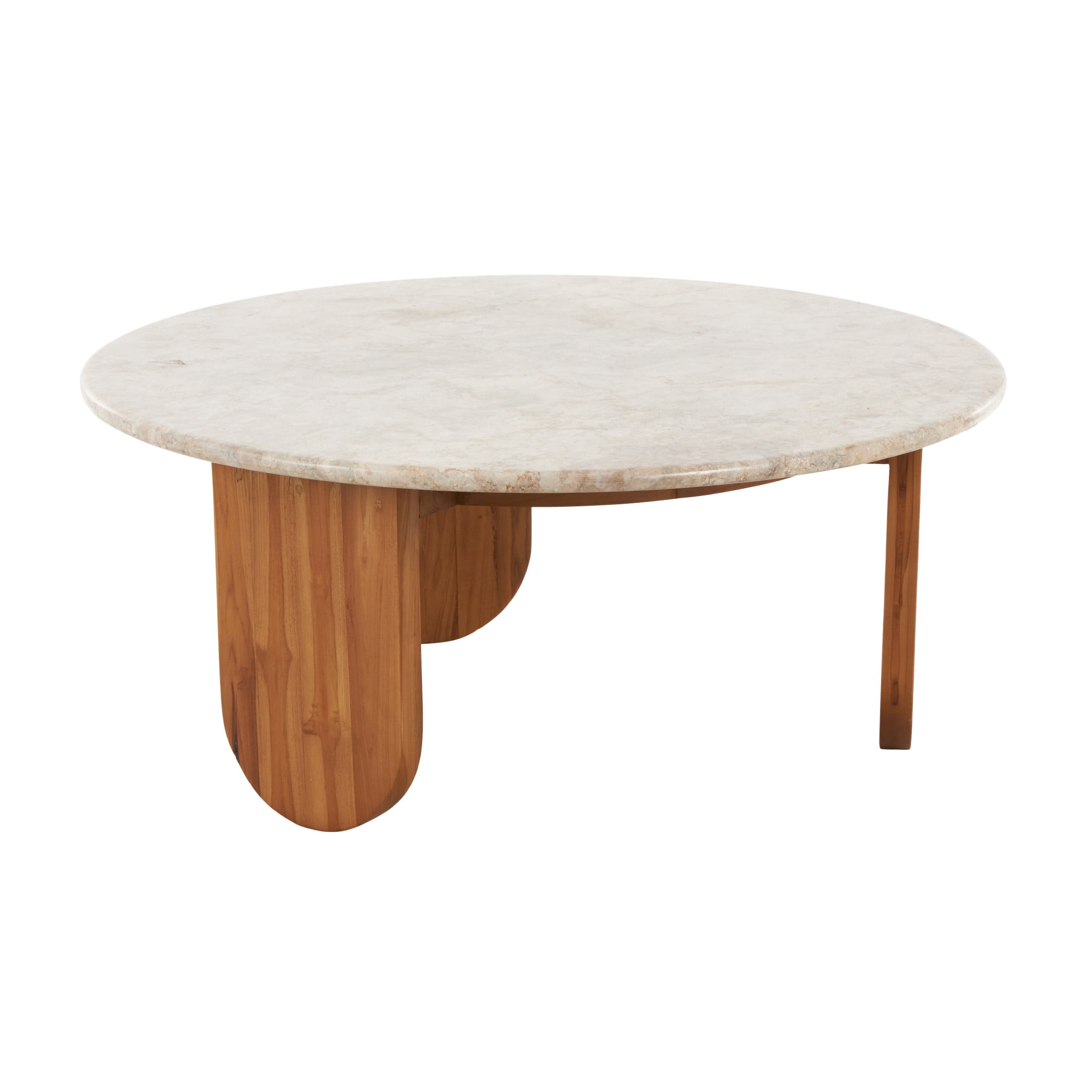 DecMode 36" x 15" Brown Teak Wood Handmade Coffee Table with Beige Marble Tabletop, 1-Piece
