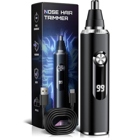 Nose Hair Trimmer for Men and Women, USB Rechargeable Electric Facial and Ear Hair Remover with LED Display, Dual-Edge Blades for Smooth, Painless Eyebrow Grooming (Black)