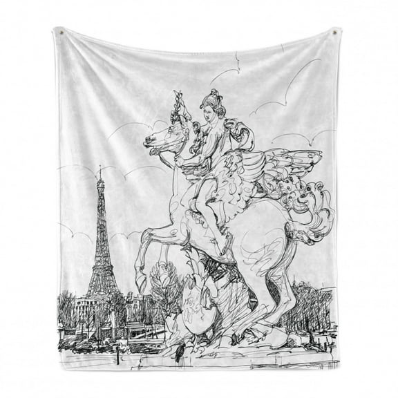 Antique Soft Flannel Fleece Throw Blanket, European Cityscape France Historical Rearing Horse Eiffel Tower Print, Cozy Plush for Indoor and Outdoor Use, 50" x 60", Black White, by Ambesonne