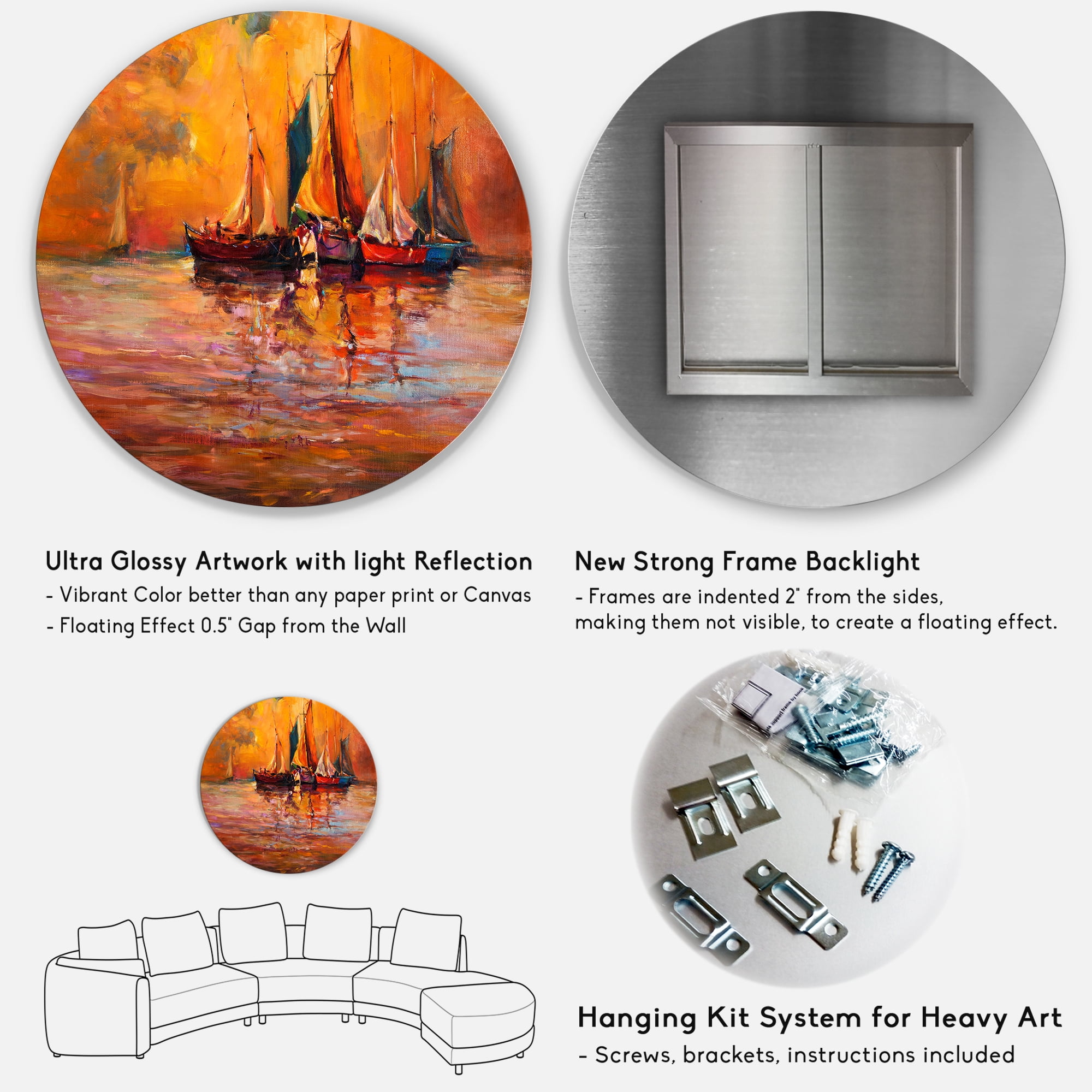 Designart 'Boats During Evening Sunset In The Ocean I' Nautical & Coastal Circle Metal Wall Art 29x29 - Disc of 29