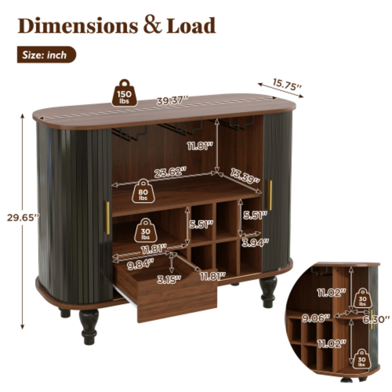 39" Fluted Wine Bar Cabinet, Mid-Century Modern Liquor & Coffee Station with 6 Wine Racks, Glass Holders, Drawer & Side Storage, Black