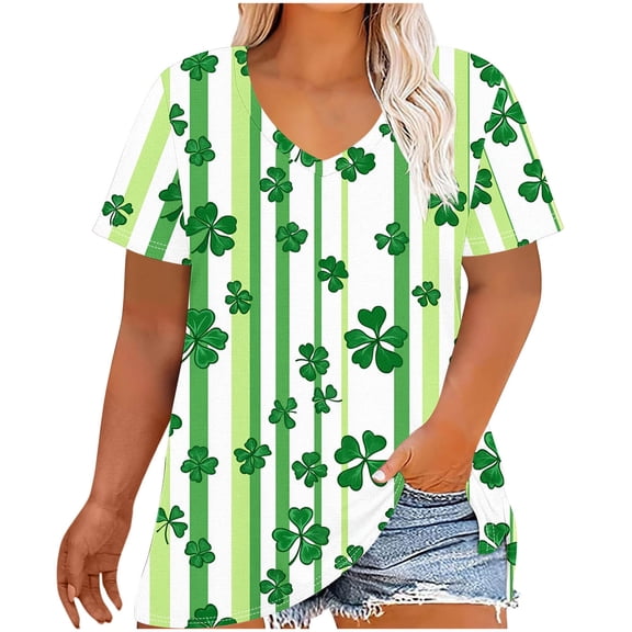 TKLPEHG St. Patricks Day Shirts Women Crew Neck Plus Size Tops Green Irish Shamrock Print Graphic Tee Short Sleeve Striped Shirt (Green,XXXXL)