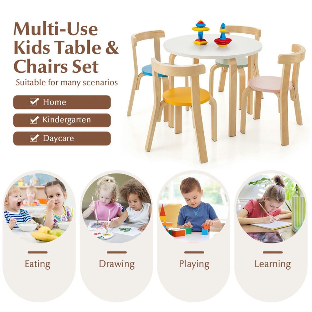 Spaco 5-Piece Kids Wooden Curved Back Activity Table and Chair Set withToy Bricks, Toddler Table and Chair Set for Arts & Crafts, Snack Time, Homeschooling, Homework