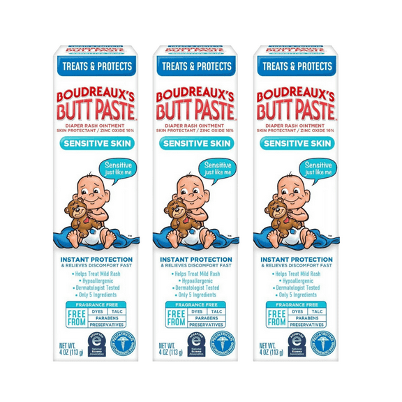 Boudreaux's Butt Paste for Sensitive Skin Diaper Rash Cream, Ointment for Infant, 4 oz Tube (3 Pack)