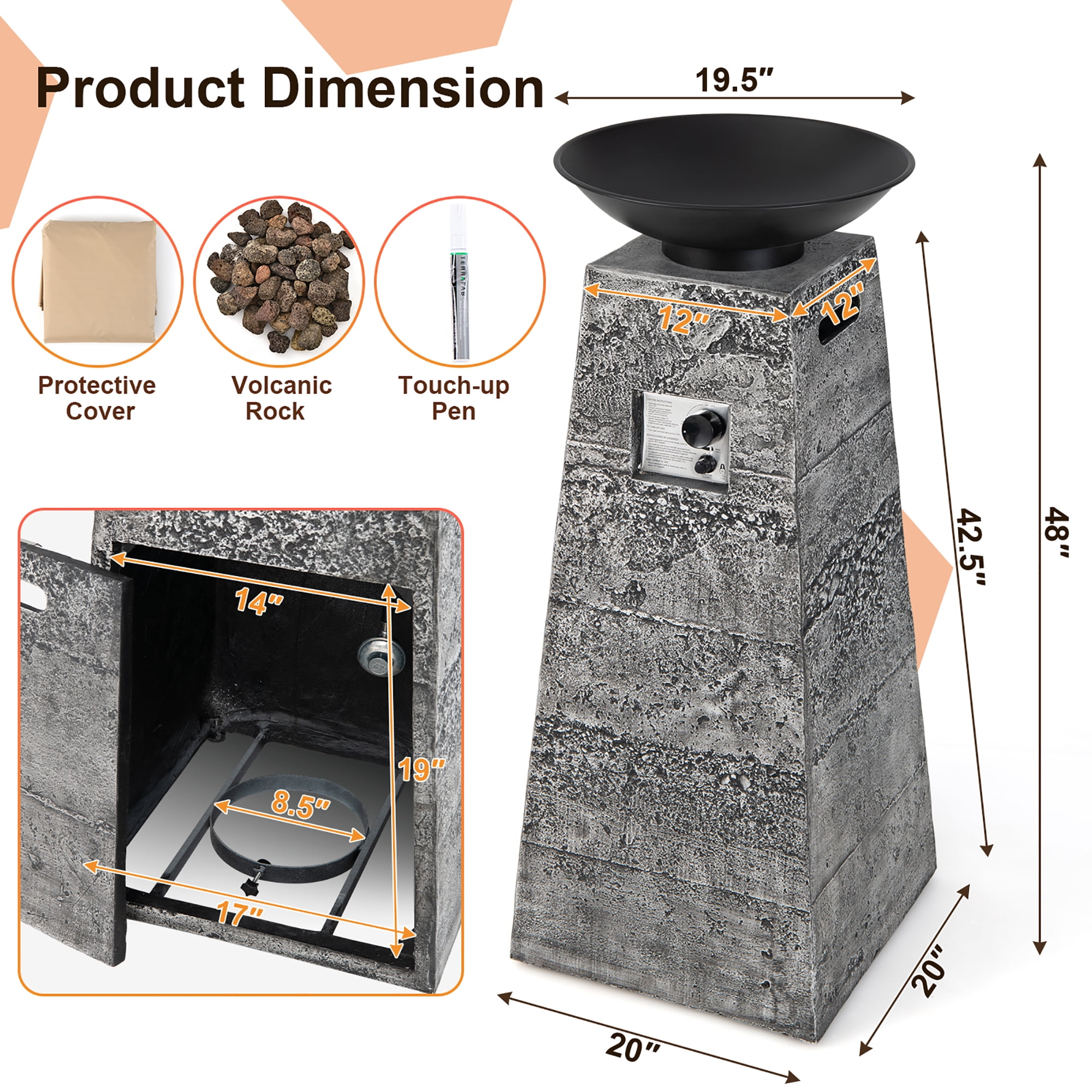 Costway 48'' Outdoor Propane Fire Bowl Column W/ Lava Rocks & PVC Cover 30,000 BTU