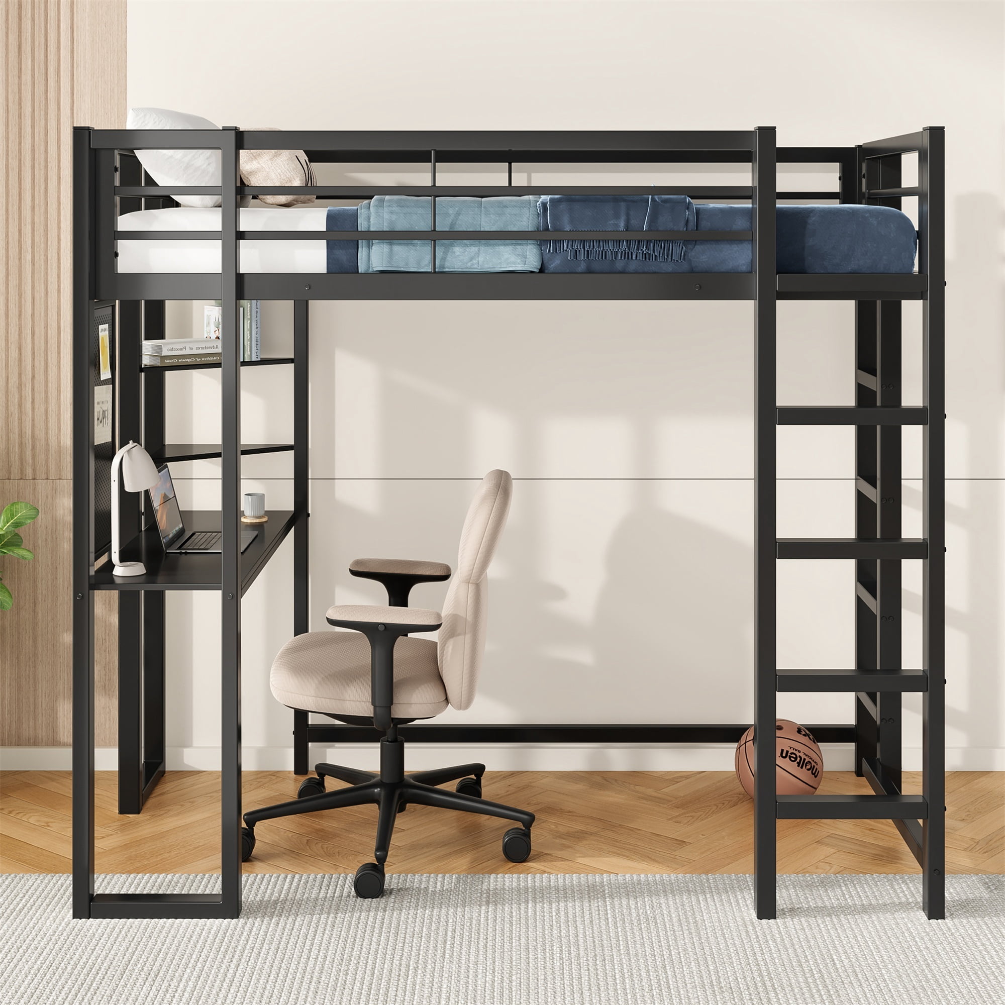 Alvantor Twin Size Loft Bed Frame with Desk & Open Shelves, Heavy Duty Metal Bed Frame for Boys Girls Teens Black