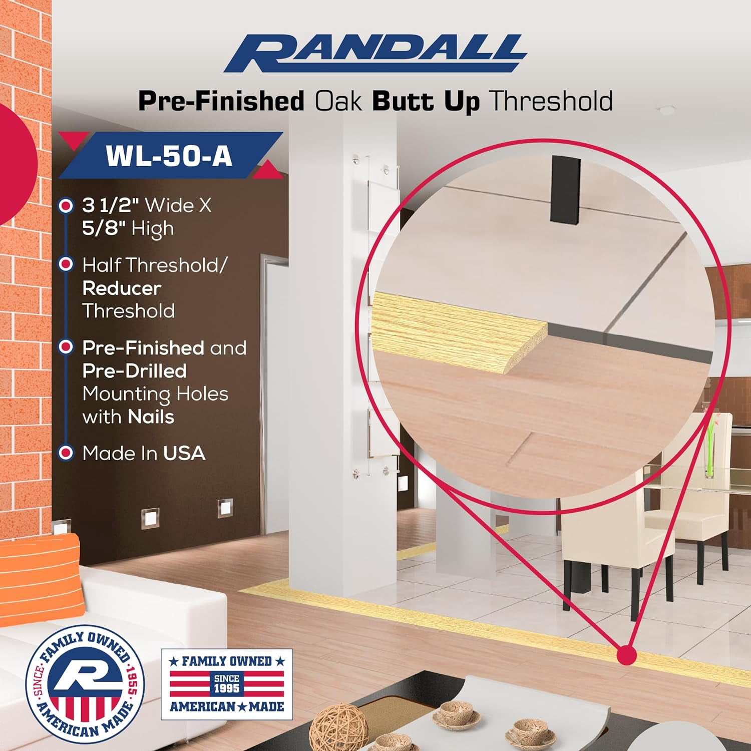 Randall 3.5" X 5/8" Pre-Finished Oak Half Threshold - 4 Ft Length, Pre-Drilled With Screws (WL-50-A)