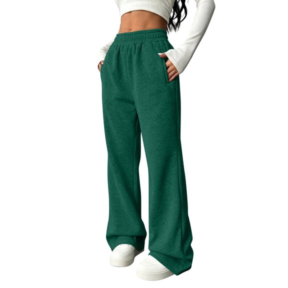 Vxararl Sweatpants for Women High Waist Wide Leg Baggy Pants, Full Elastic Waist Casual Loose Sweatpant with Pockets, Solid Color Women's Daily Workout Lounge Trousers Dark Green L