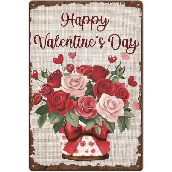Happy Valentine's Day Tin Sign Rose Gift Metal Tin Sign Heart Shape Vintage Metal Signs Flower Signs and Plaques
