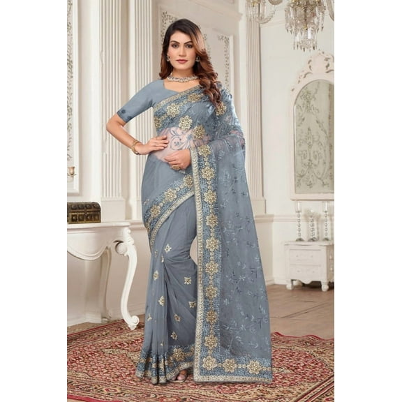 Designer Light Grey Resham Zari Embroidery Net Saree