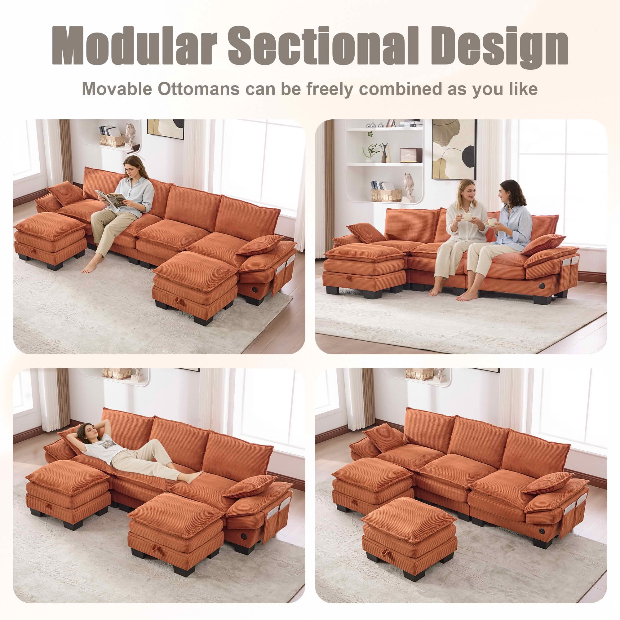 MAYEERTY Multi-Config Cloud Corduroy Modular Sofa, Deep Seat Sectional Couch with Storage Footstool & USB Ports for Small Apartment