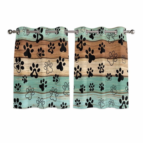 Teal Blue Brown Kitchen Curtains Window Panels, Rustic Farmhouse Dog Paw Vintage Insulated Window Treatment Curtain, Grommet Curtains for Bedroom/Living Room/Bathroom, 2 Piece 42"Wx54"L