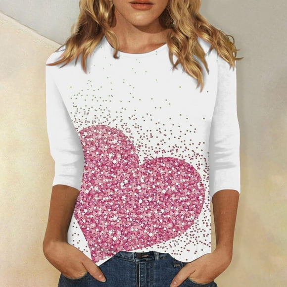 Hot Sale!!Valentines Day Love Heart Print Shirts for Women 3/4 Sleeve Crew Neck Cute Tshirt Holiday Loose Fit Casual Tunic Tops Women's Long Sleeved Round Neck Valentine's Day Printed Top Pink Xxl