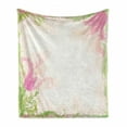 thumbnail image 1 of Pink and White Soft Flannel Fleece Blanket, Pastel Colored Springtime Frame with Hand Drawn Tulip and Green Leaves, Cozy Plush for Indoor and Outdoor Use, 50" x 70", Peach Pink Green, by Ambesonne, 1 of 6