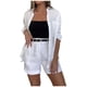 thumbnail image 1 of Conjunto de traje informal de mujer de color liso, camisa de manga larga con botones y pantalones cortos a juego con cinturón - Tejido resistente, lavable a máquina, cintura con cinturón, 1 of 4