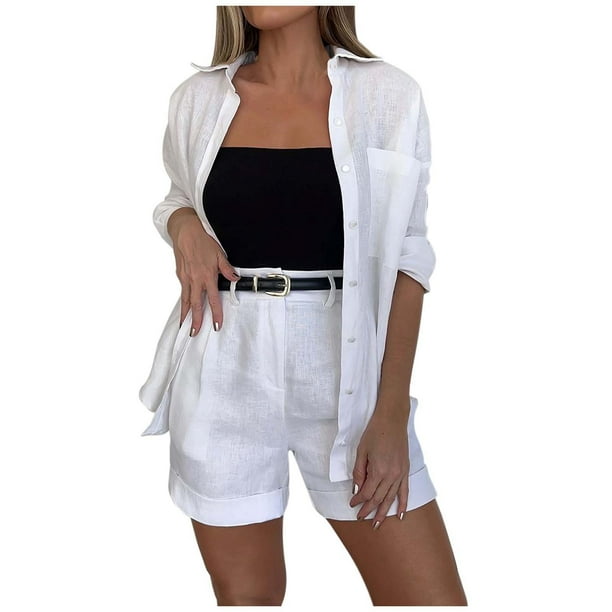 Conjunto de traje informal de mujer de color liso, camisa de manga larga con botones y pantalones cortos a juego con cinturón - Tejido resistente, lavable a máquina, cintura con cinturón