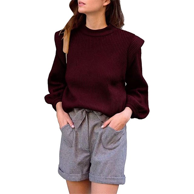Gibobby Suéter de Punto Suéter de punto sexy con cuello Rojoondo y mangas de color liso para otoño e invierno para mujer (Rojo, L)