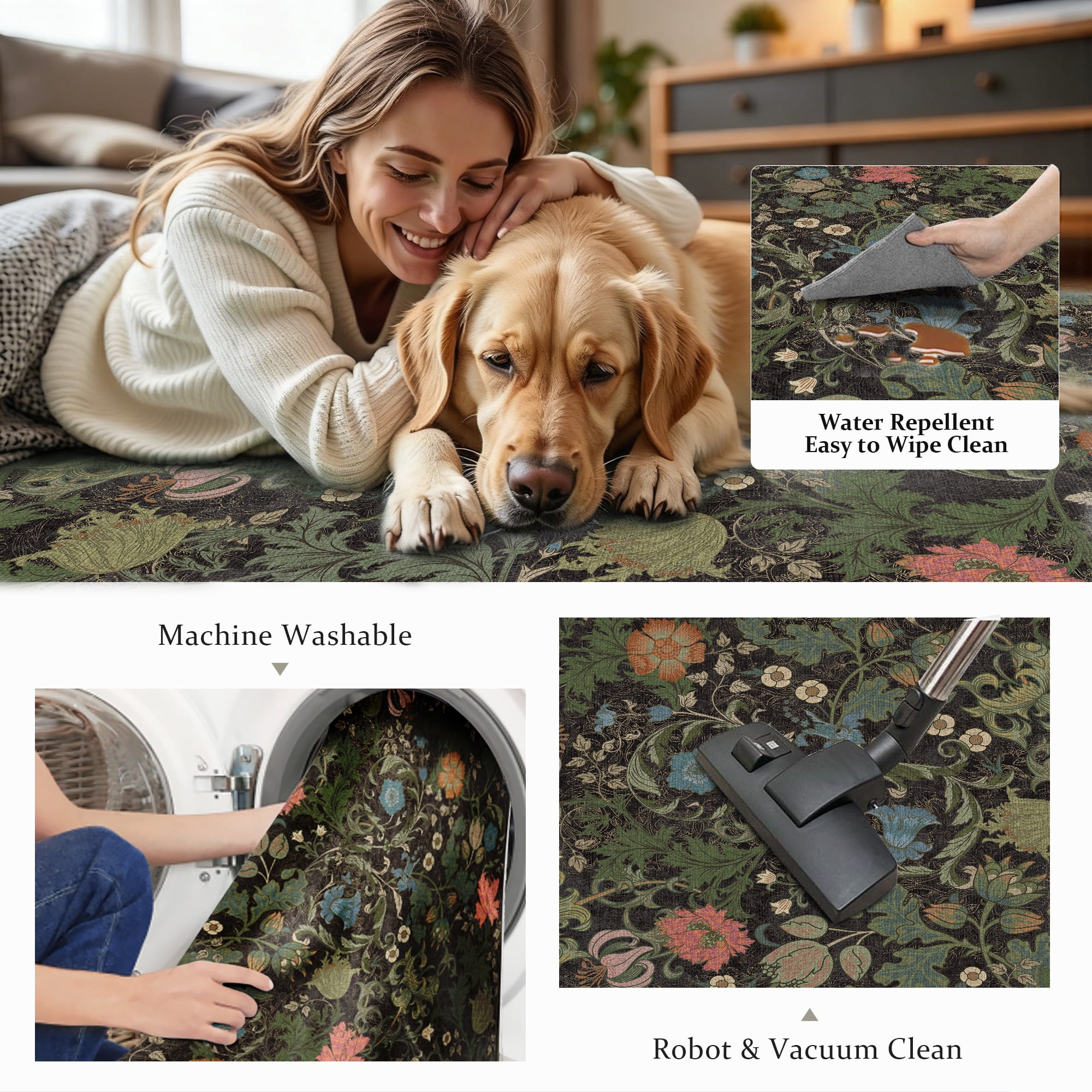 ATHOPE Floral 2x3 Area Rug, Machine Washable Rugs Soft Non Slip Low Pile Rugs for Living Room Bedroom Nursery Kitchen Dining Room Indoor, Small Floral Print Pattern Carpet, Dark Green
