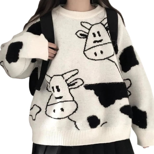 Chandails en Tricot à Manches Longues pour Femmes, Col Ras du Cou, Imprimé Vache de Dessin Animé, Coupe Ample