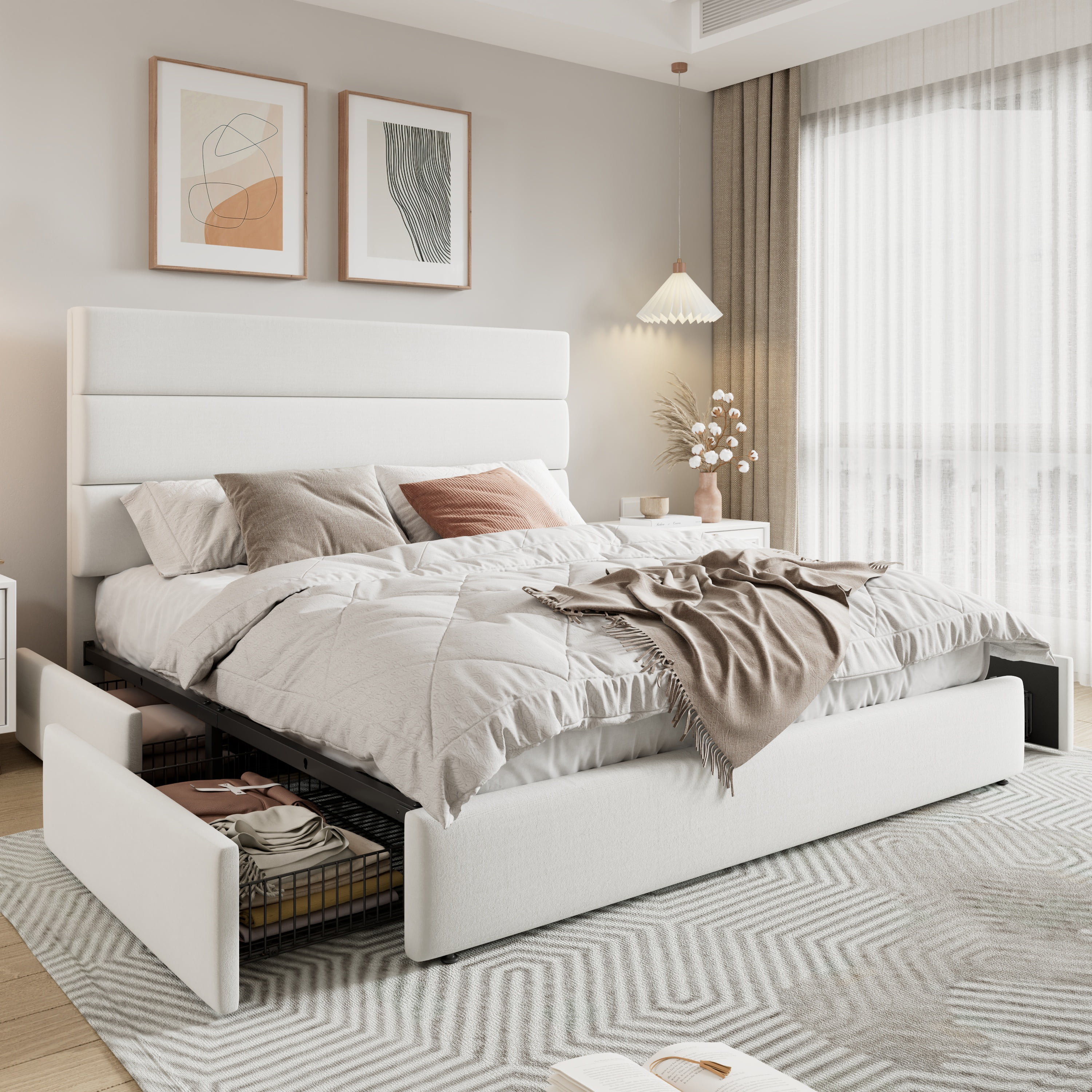 Allewie Modern Queen Size Platform Bed Frame with 4 Storage Drawers and Velvet Upholstered Headboard, Wooden Slats Support, White