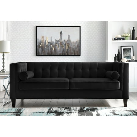 Rin Black Velvet Sofa Button Tufted Square Arms