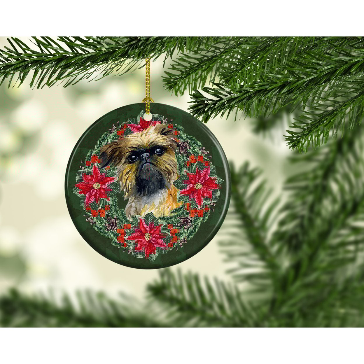 thumbnail image 2 of Brussels Griffon Poinsetta Wreath Ceramic Ornament 2.8 in x 2.8 in, 2 of 3