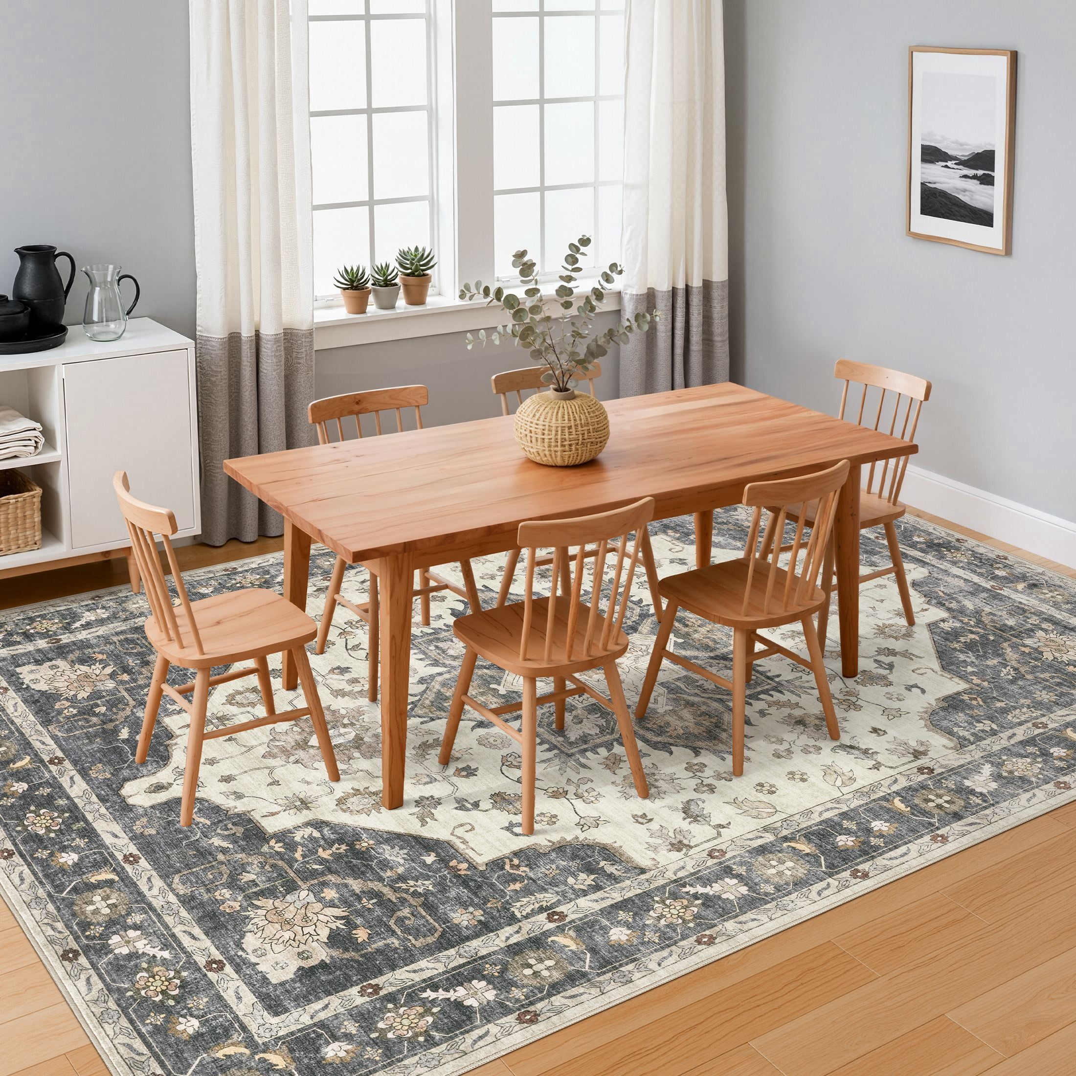 Uermei 9'x12' Large Area Rug for Living Room: Non-Slip Washable Stain Resistant Foldable Carpet for Bedroom Dining Room Office Home Decor - Beige Blue