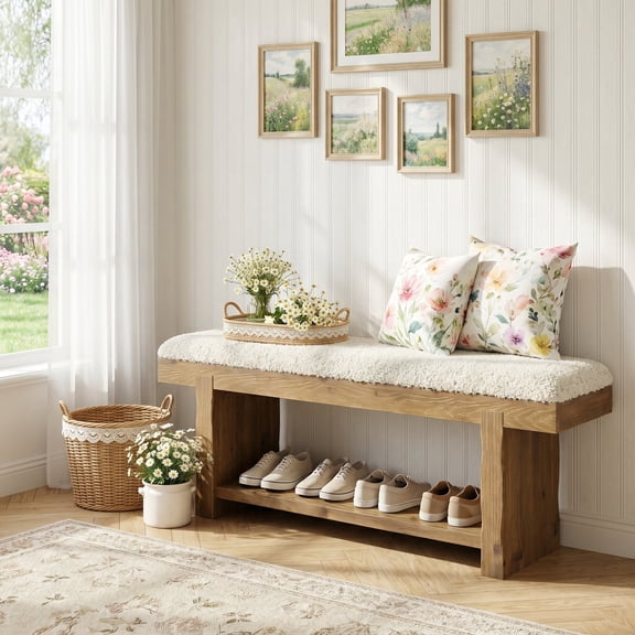 Finmind 47.2" Solid Wood Entryway Bench, 2-Tier Farmhouse Upholstered Bench with Storage Shelf, Rustic Brown