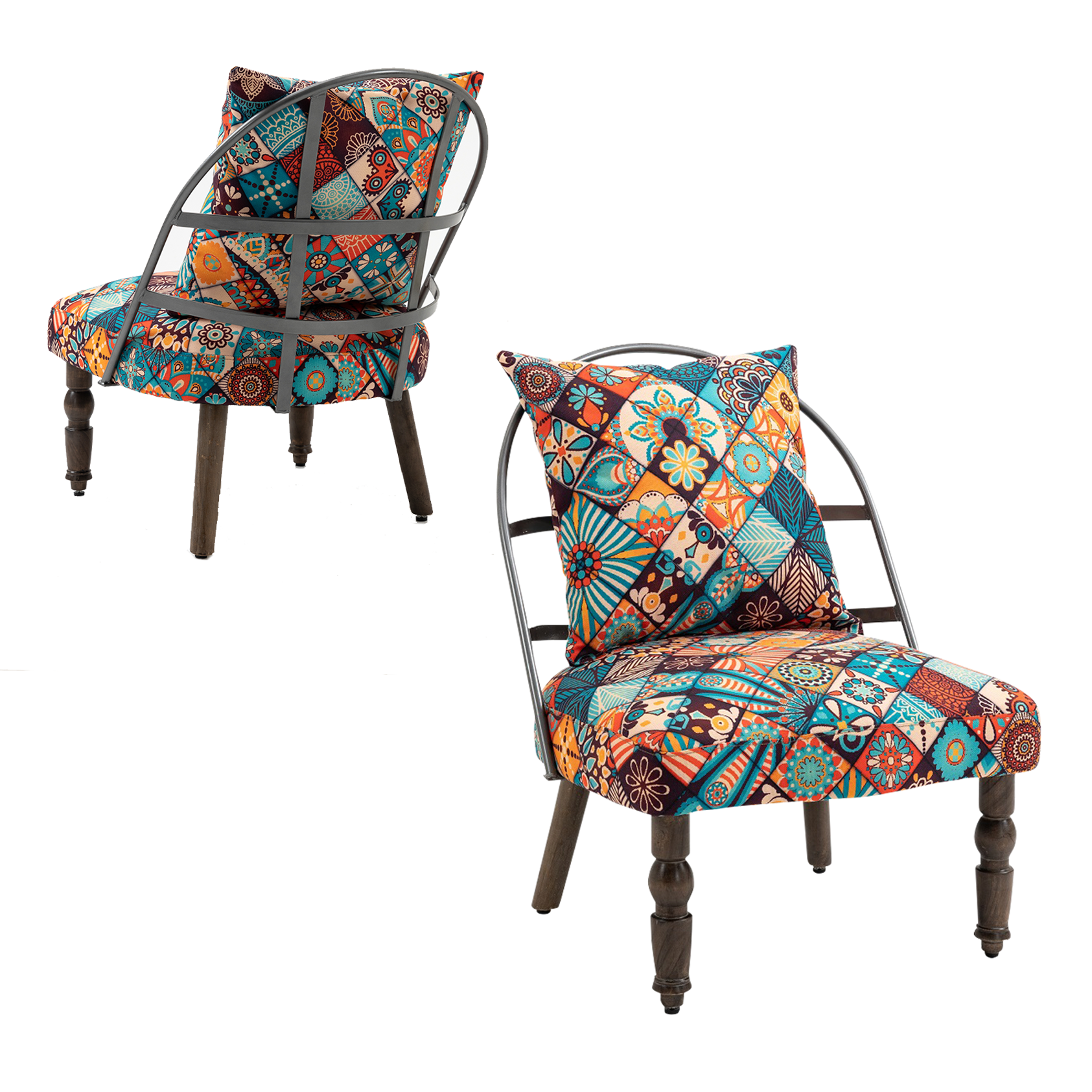 Boho Armless Accent Chair for Bedroom with Retro Wooden Legs