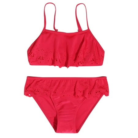 Girls Swimsuit Spaghetti Strap Ruffle Bikini Set Cute Girls 2 Piece Bathing Suit for Beach Girls  Swimwear Red 9-10 Years
