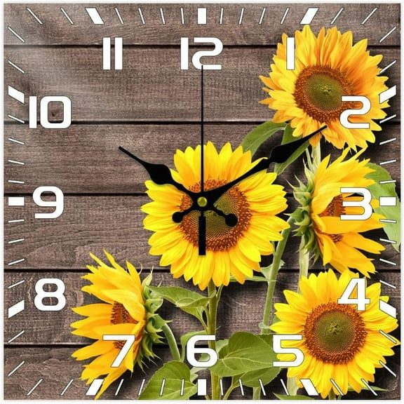 12inch Sunflower Vintage Pattern Wall Clock Silent Square Wall Clocks Battery Operated Rustic Farmhouse Clock for Home Decor Living Room Kitchen Office Gold