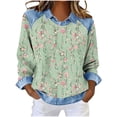 thumbnail image 3 of QATAINLAV Womens Casual Long Sleeve Tops Fashion Print Waffle Knit Shirts Casual Denim Patchwork Collared Sweatshirts Green XXXL, 3 of 6
