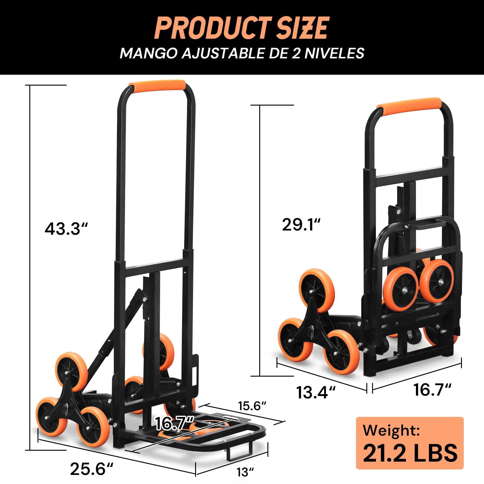 SEKAM Stair Climbing Cart, 440 lbs Capacity Folding Hand Truck with 10 Wheels, Heavy Duty Steel Dolly for Moving & Warehouse, Orange