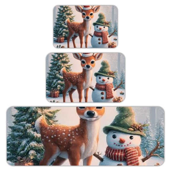 RKSupls Kitchen Rug Set 3 Piece Anti-Slip Flannel Floor Mats, Deer Snowman Christmas Washable Absorbent Runner Mats for Kitchen Bathroom Home Decor