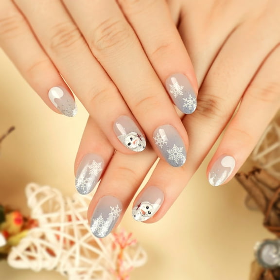 24pcs Short - round Christmas Wearable Nail Art with High - end Snowflake and Snowman Design, Christmas False Nails
