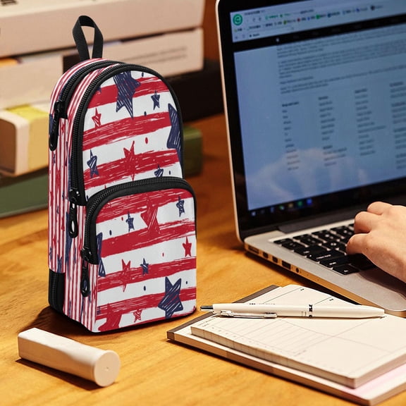 Backpack Pencil Case, 3 Compartment Large Capacity Oxford Fabric Pencil Pouch / Doodle Star Stripe Seamless