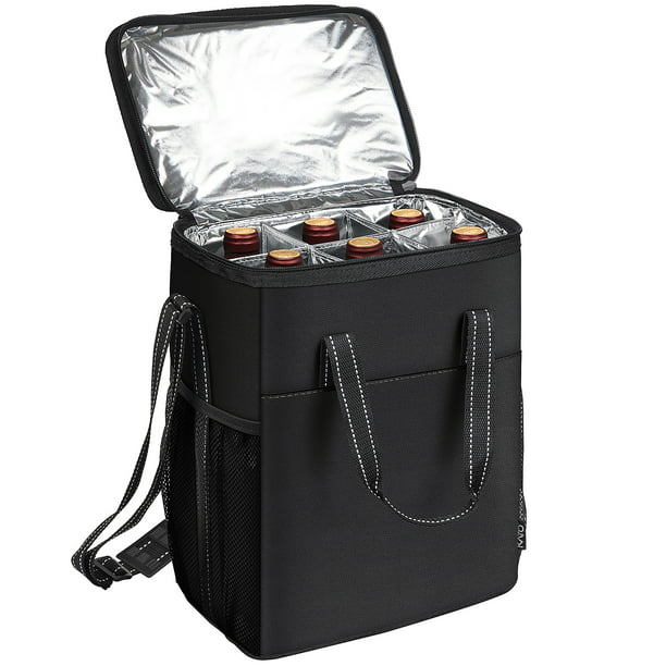 Kato 6 Bottle Wine Carrier - Insulated Portable Wine Carry Cooler Tote Bag for Travel or Picnic, Perfect Wine Lover Gift, Black