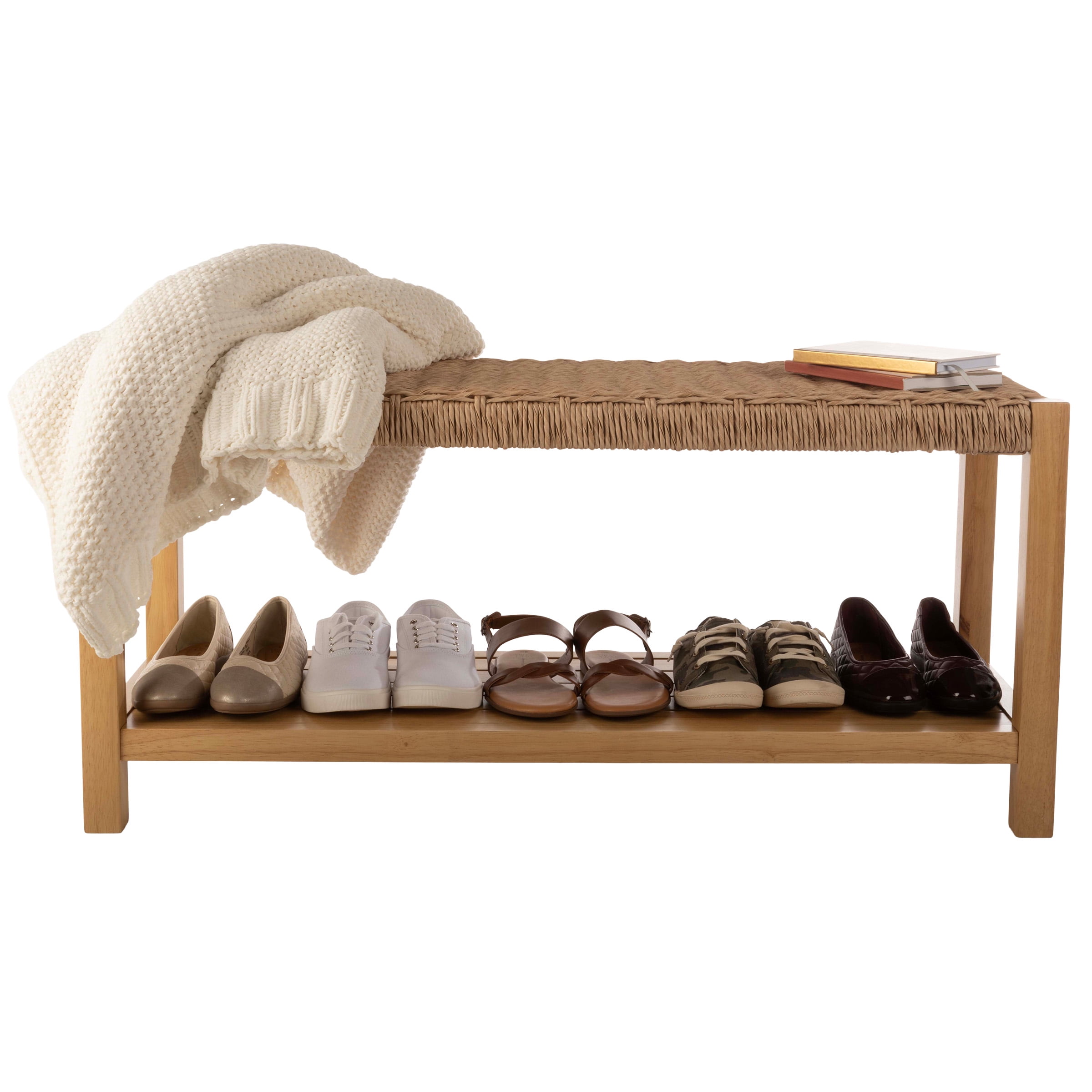 Alaterre Furniture Newport 40 in. Wood Bench with Rush Seat and Storage Shelf for Entryway or Bedroom, Natural
