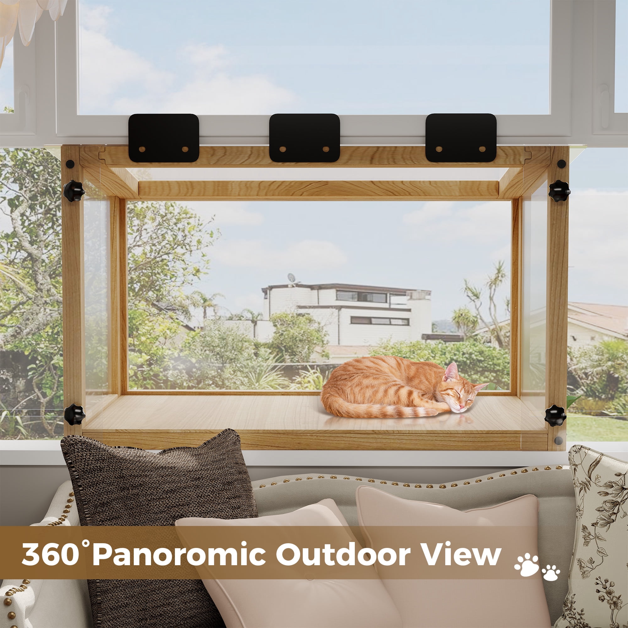 Waterproof Window Cat Perch Catio, Wood Cat Window Box, Window Catio for Indoor Cats Single Hanging Window with an Inner Diameter of The Window Frame with A Net Opening Width of 24-35 in