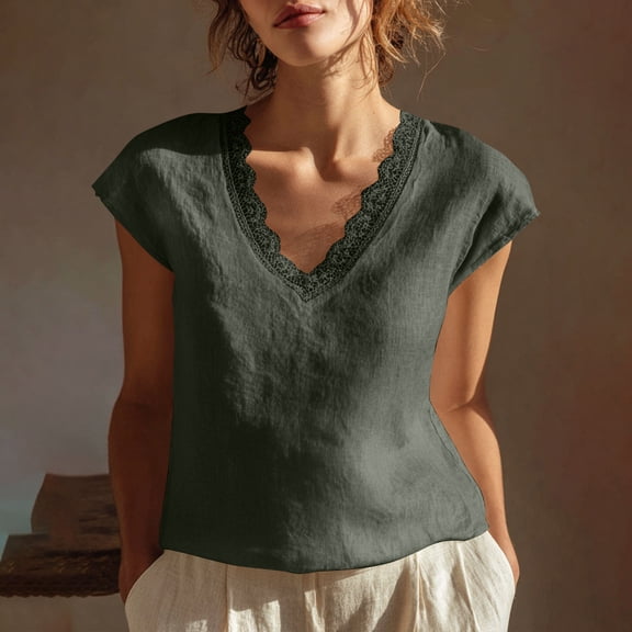Craaazy Womens Spring And Summer Lace Trim Linen Top V-Neck Cap Sleeve Casual Blouse for Daily Wear Gifts