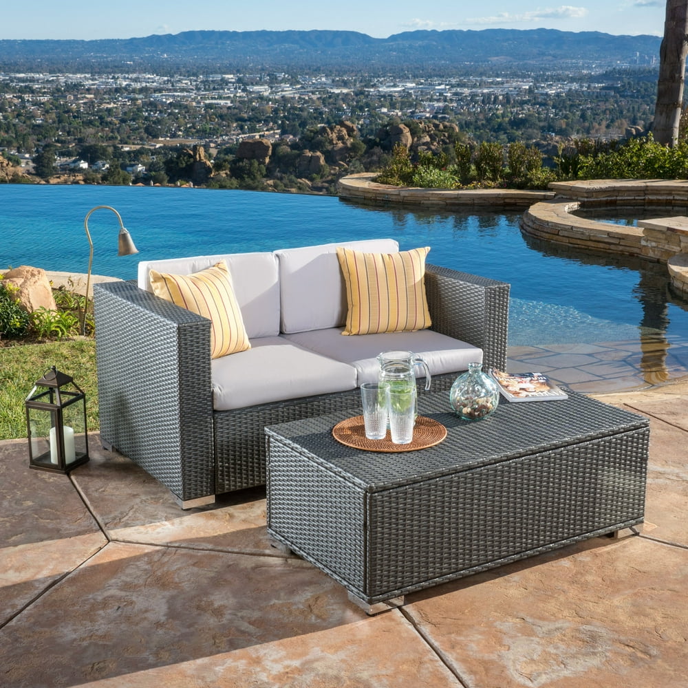 Florence Outdoor Wicker Sofa and Coffee Table Set, Grey, Silver Grey