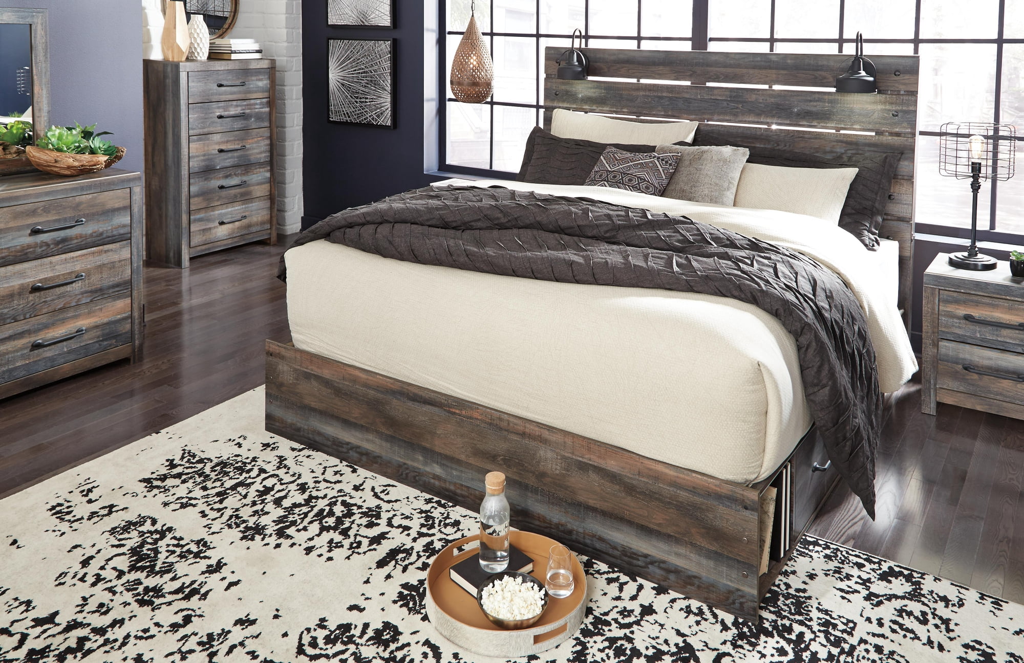 Signature Design by Ashley Drystan King Panel Headboard, Rustic Brown, Industrial Farmhouse Headboard with LED Lights and USB Charging