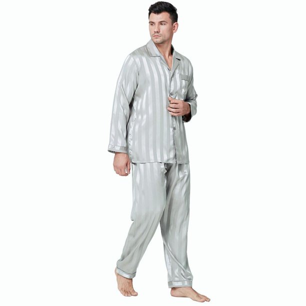 LONXU Men's Pajamas Long Sleeve Silk Satin Luxury Drawstring Nightwear