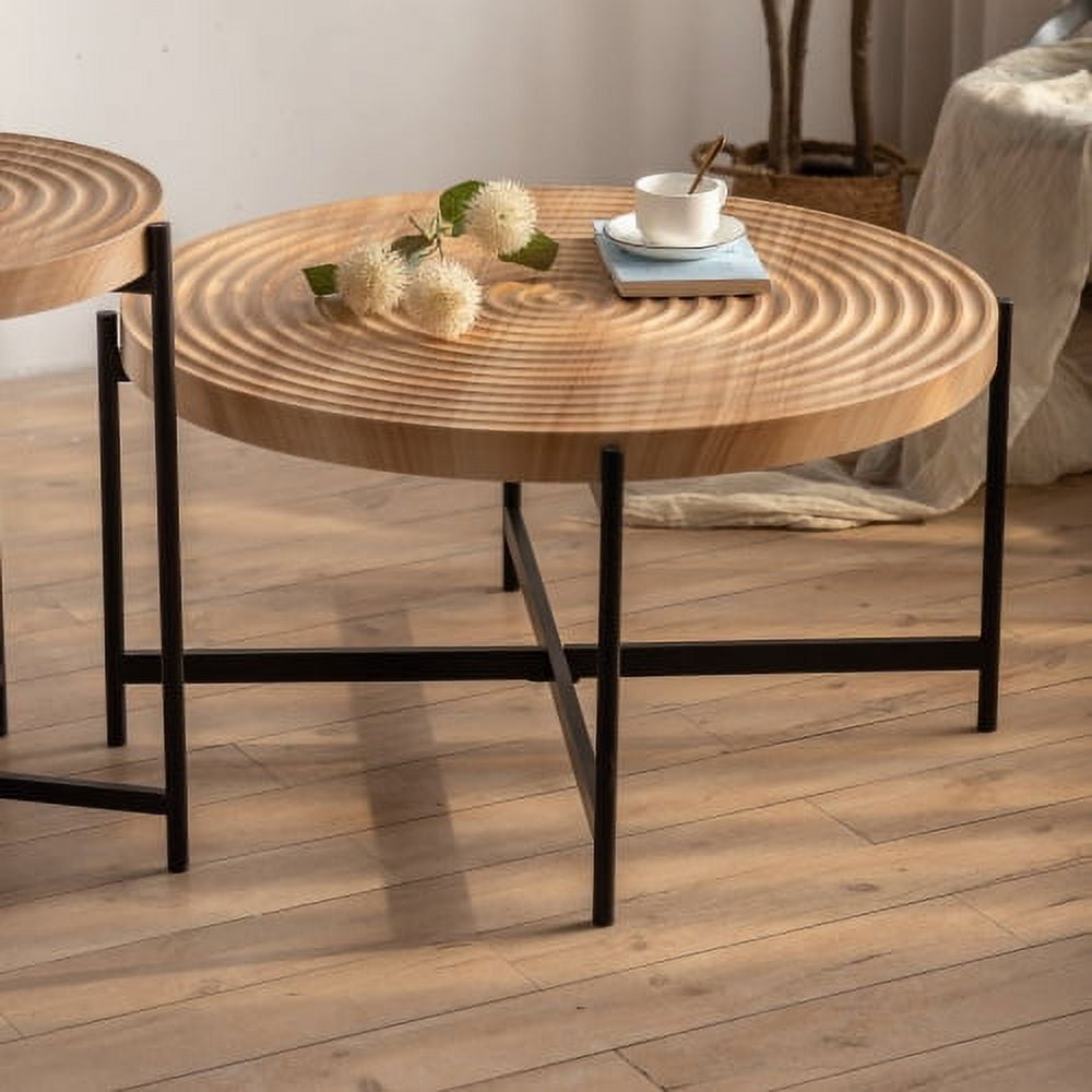 BSHTI Modern Thread Design Round Coffee Table,MDF Table Top with Cross Legs Metal Base(Set of 2 pcs )