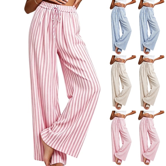 ClodeEU Women's Striped Elastic Waist Wide Leg Pants, Casual Loose Breathable Trousers ,Women's Plus M