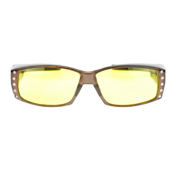 Womens Polarized Rhinestone Sunglasses that Fit Over Prescription Glasses with Night Driving Lens & UV400 Protection - Mocha