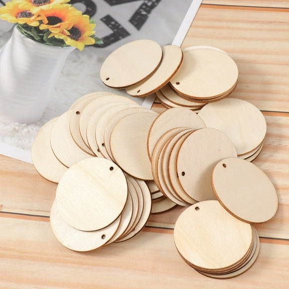 TOYMYTOY 50Pcs Wooden Slice for Craft Beige Round Wood Piece with Hole for Decoration